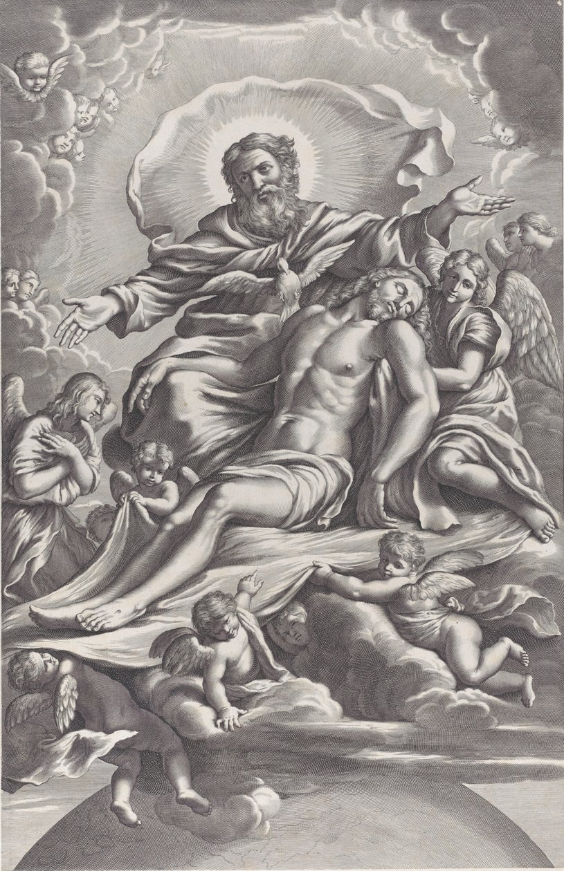 La Santísima Trinidad, con Cristo muerto en el centro rodeado de ángeles, Dios el Padre, ..., 1650-90 de F. de Louvement