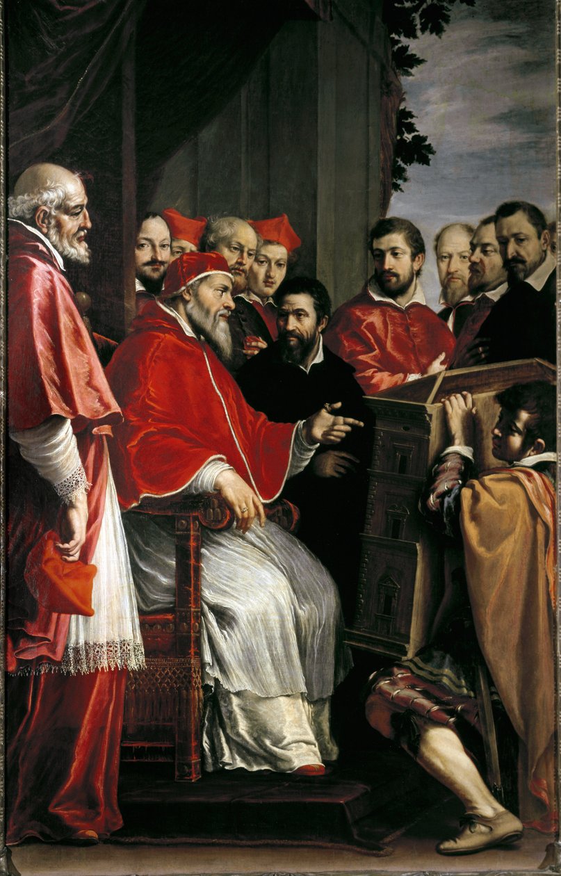 Miguel Ángel presentando el modelo del edificio del tribunal de Rota en la calle Giulia al papa Julio III de Fabrizio Boschi