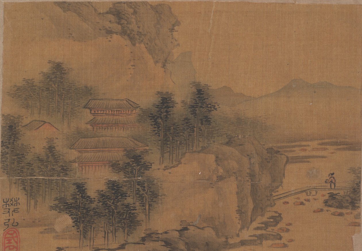 Paisaje con hombre cruzando un puente de Fan Hong
