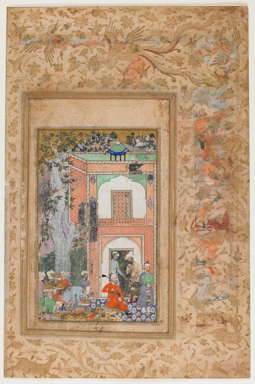 Babur entretiene en el palacio de Sultan Ibrahim Lodi del Baburnama de Farrukh Beg