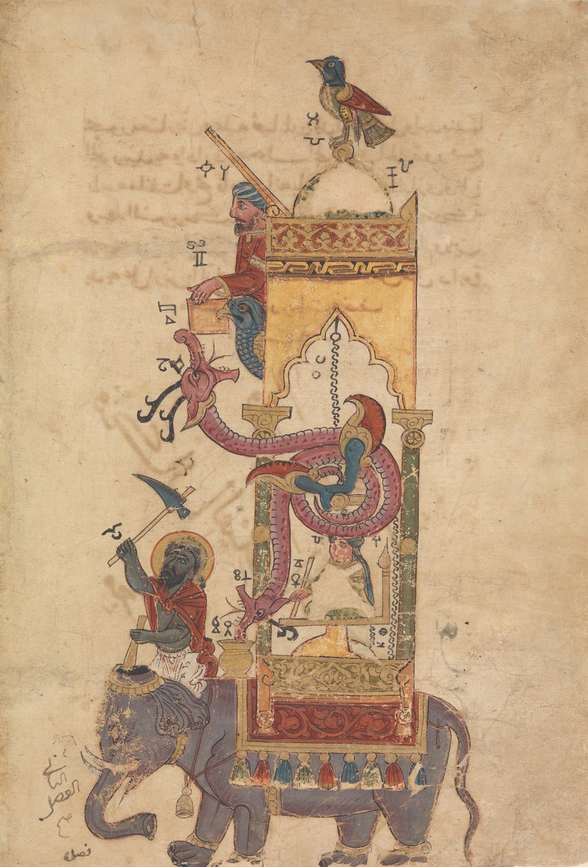 El reloj de elefante, folio de un libro del conocimiento de ingeniosos mecanismos, A.H. 715/A.D. 1315 de Farrukh ibn Abd al Latif