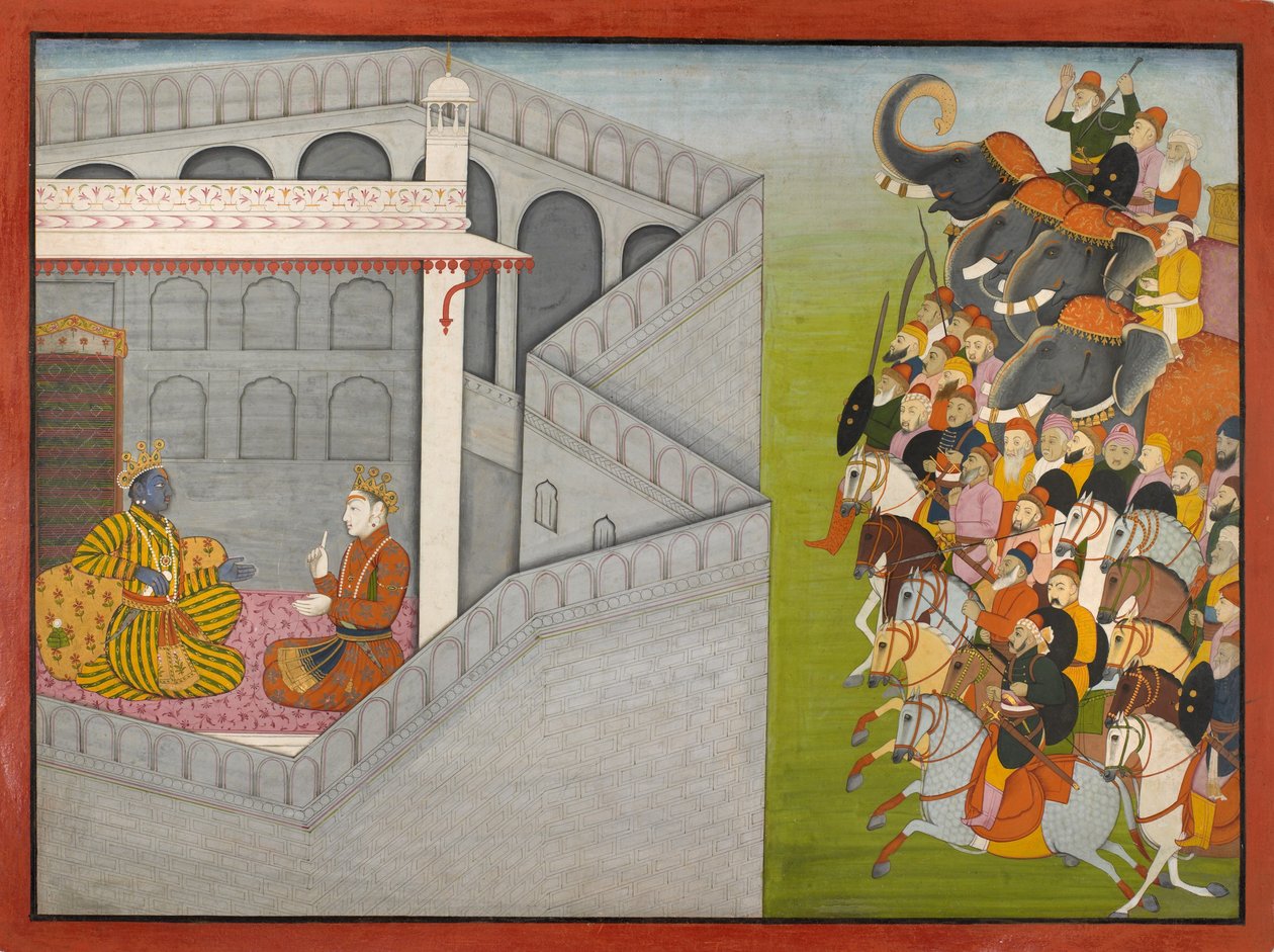 El asedio de Mathura por Jarasandha de la serie Guler-Basholi "Bhagavata Purana" de Fattu