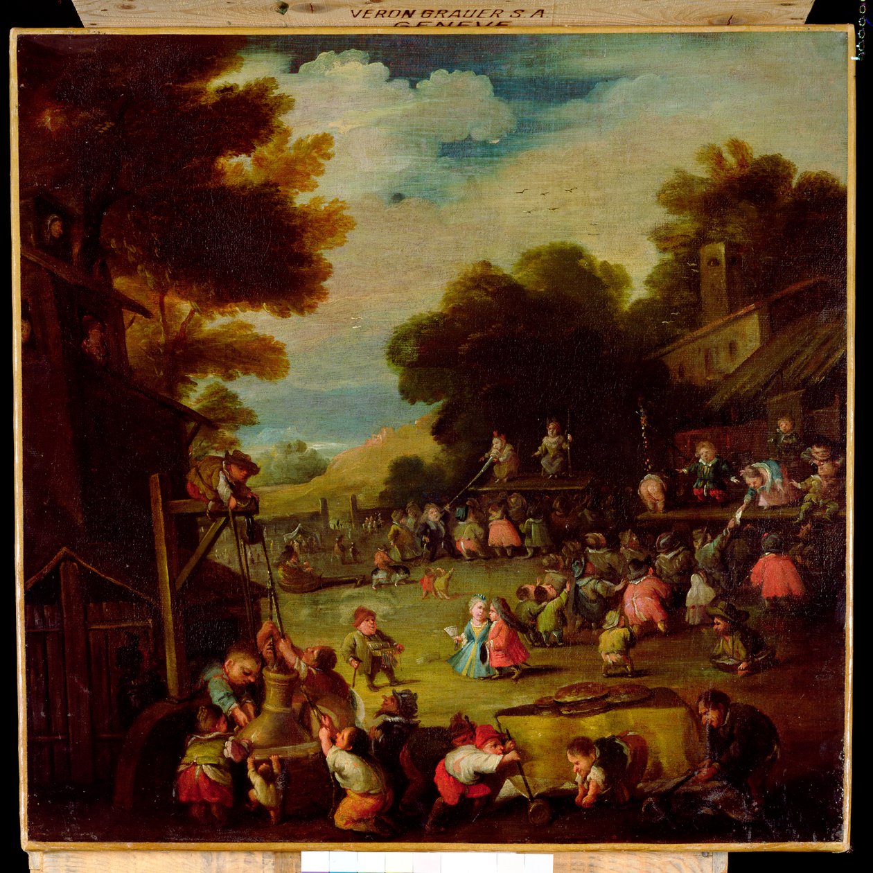 Pigmeos en una feria, sacando agua de un pozo en primer plano y viendo representaciones teatrales al fondo de Faustino Bocchi or Boccasi