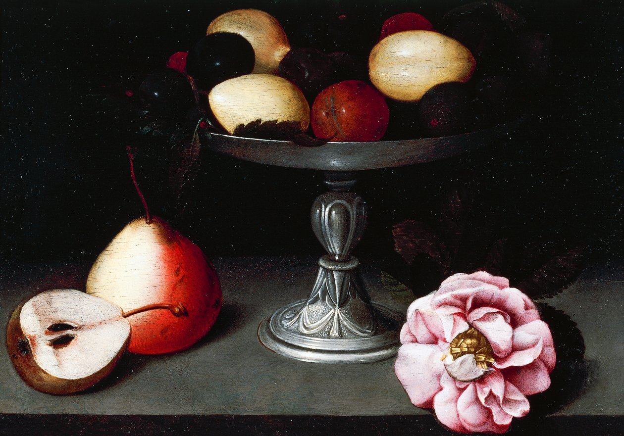 Puesto con ciruelas, peras y una rosa, hacia 1602, por Fede Galizia (1578-1630) de Fede Galizia