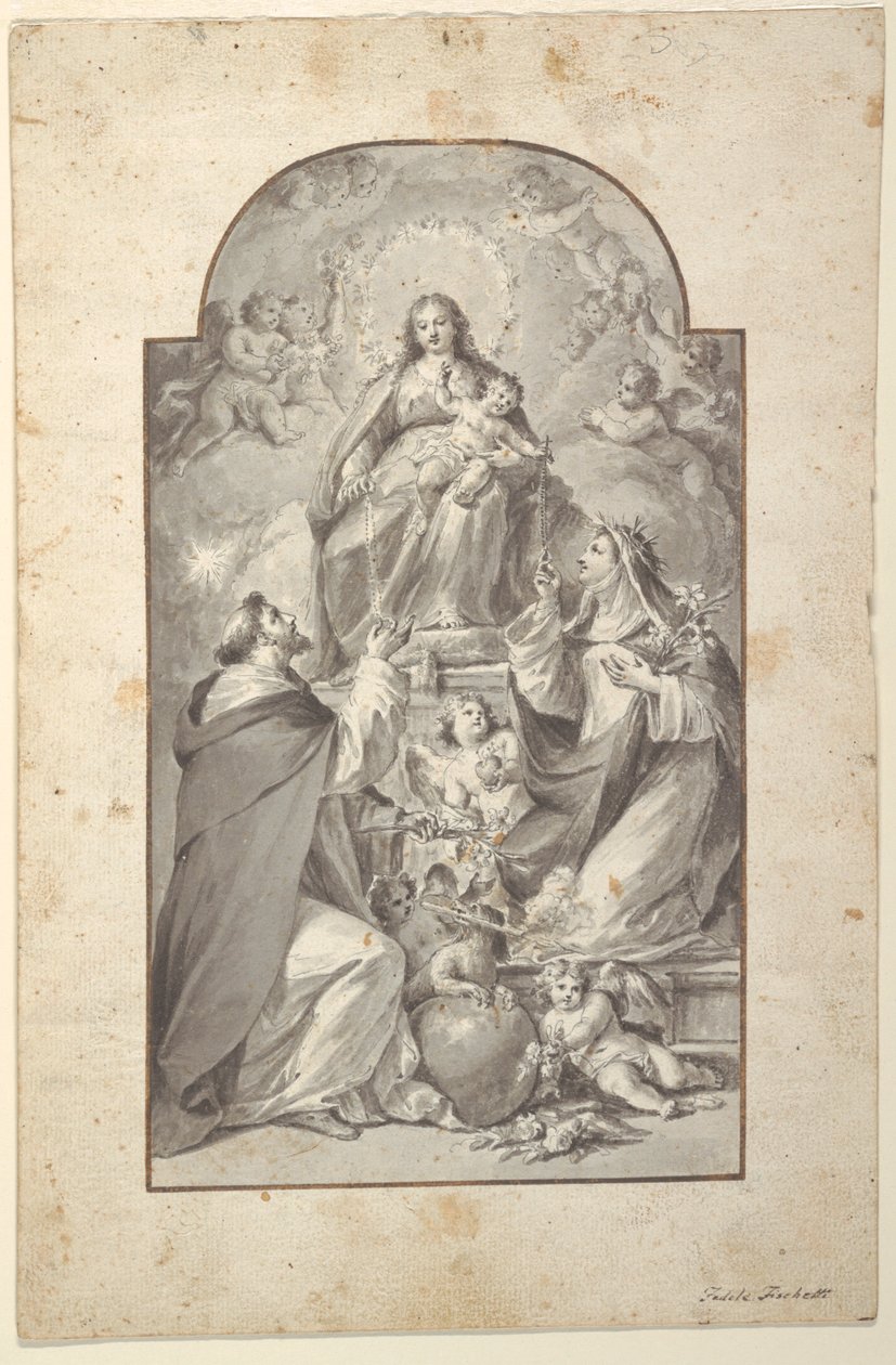 Diseño para una Pintura de Altar, Santo Domingo y Santa Catalina de Siena Recibiendo el Rosario de la Virgen y el Niño de Fedele Fischetti