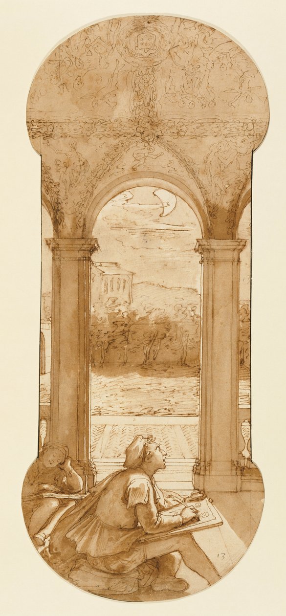 Taddeo copiando los frescos de Rafael en la logia de Villa Farnesina, donde también está representado... de Federico Zuccaro