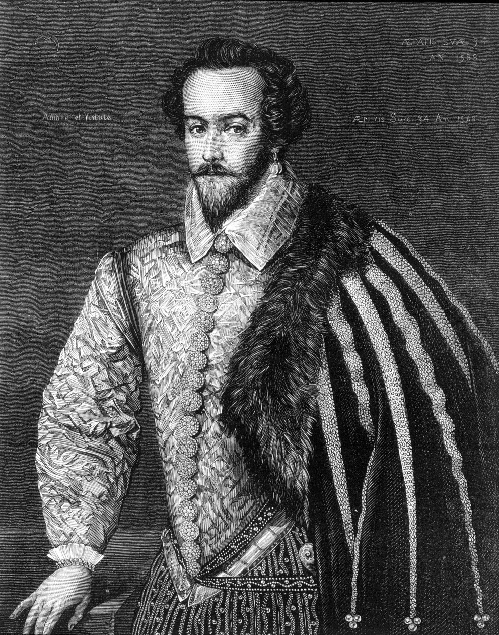 Retrato de Sir Walter Raleigh (1554 - 1618), navegante, cortesano y escritor inglés. Grabado después de una pintura atribuida a Federico Zuccaro (o Zuccari) (1549 - 1609) de 1588 de Federico (after) Zuccari or Zuccaro