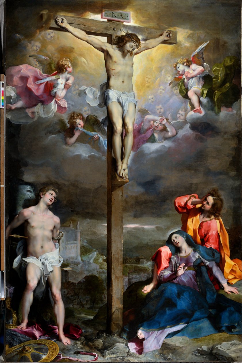 Crucifixión de Cristo con la Virgen, San Juan Evangelista y San Sebastián de Federico Fiori Barocci or Baroccio
