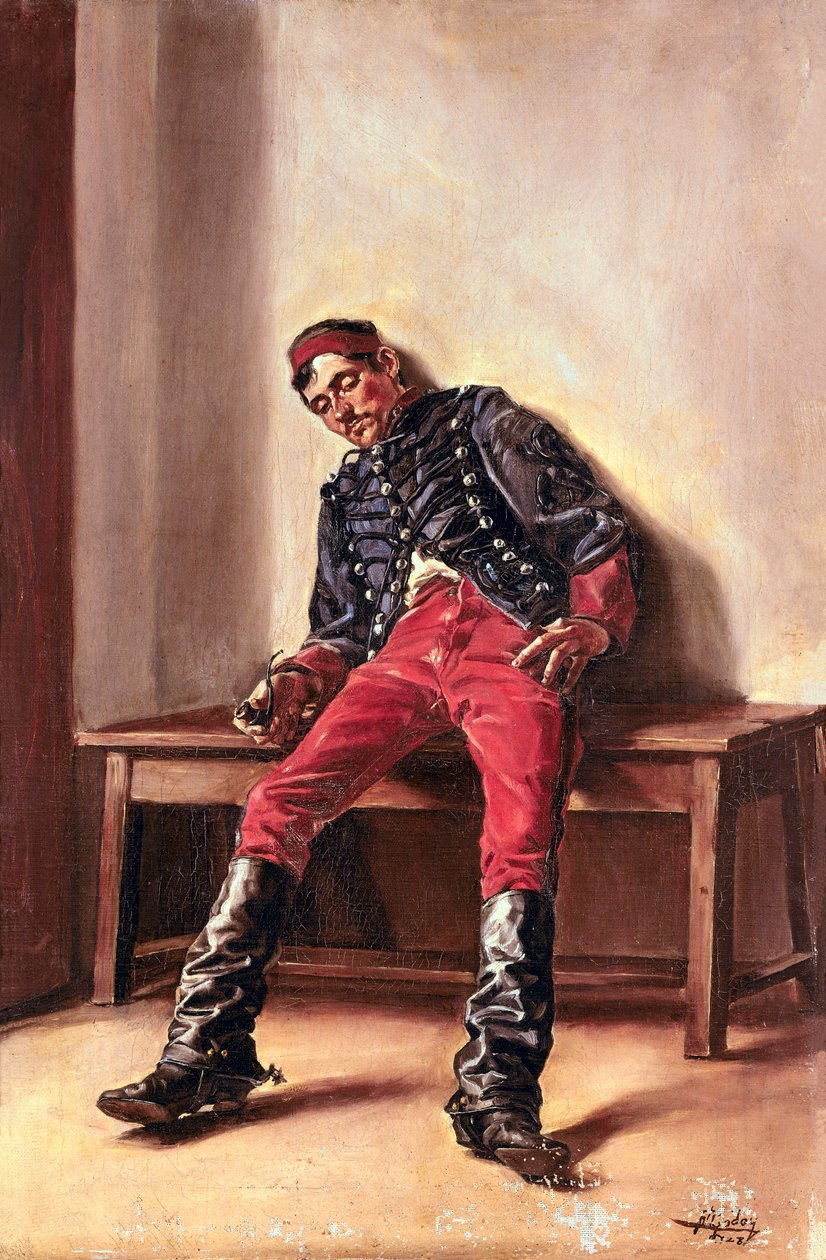 El cachot" Un soldado prisionero durmiendo en su celda. Pintura de Federico Godoy y Castro (1869-1939) ¡Atención! La utilización de esta obra puede estar sujeta a la solicitud de autorización de un tercero o al pago de tasas adicionales de Federico Godoy y Castro
