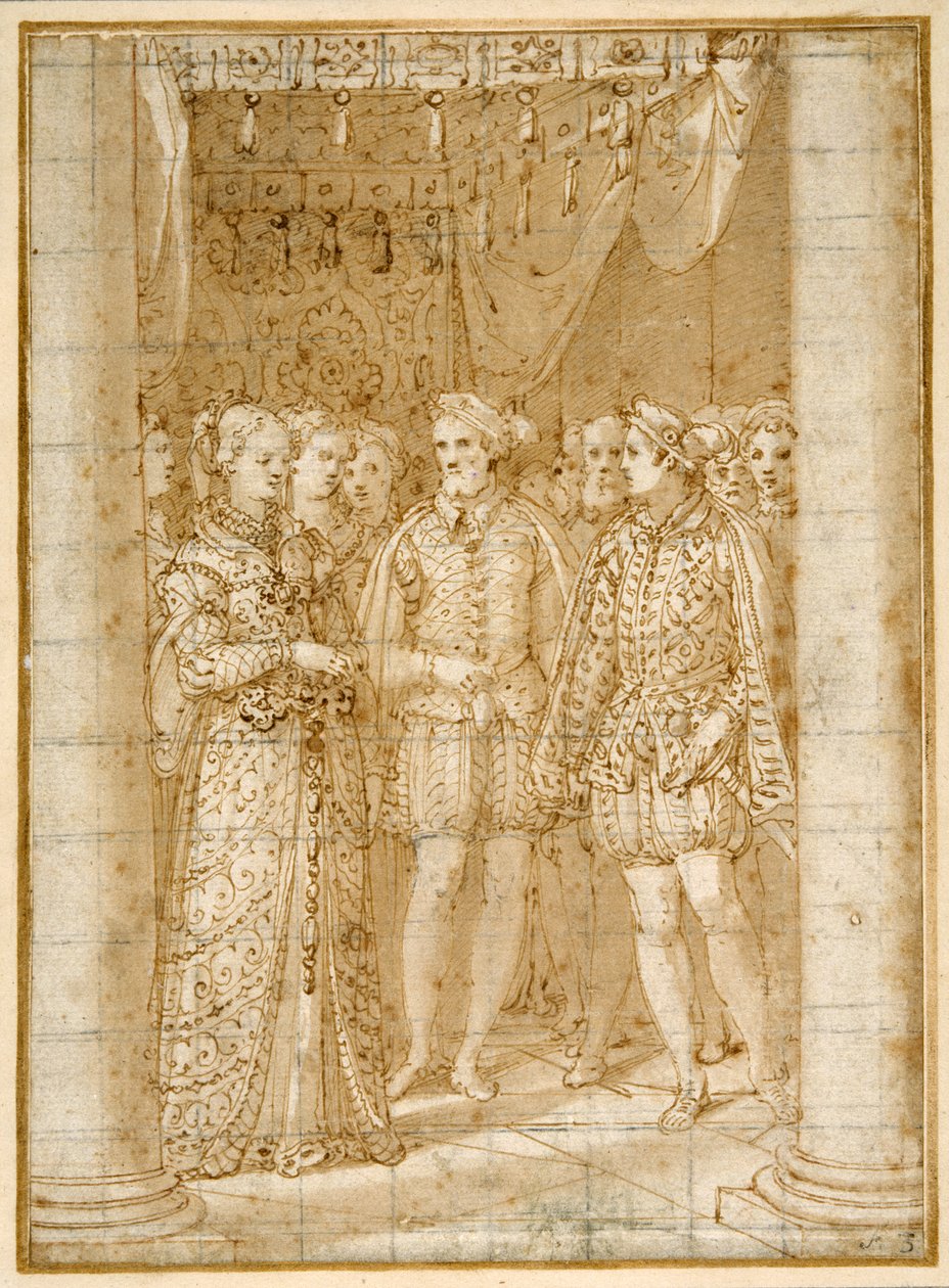 Desposorio de Ottaviano Farnese con Margarita de Parma, en presencia de Enrique II de Francia de Federico Zuccaro