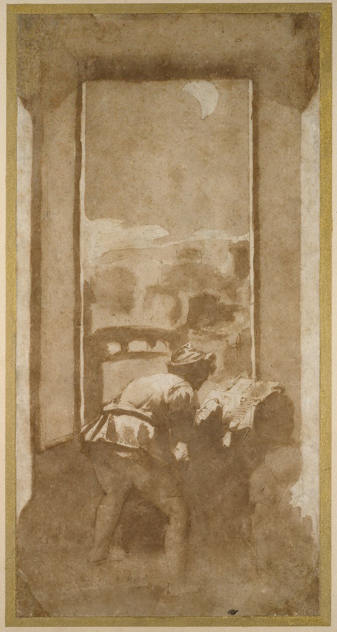 Hombre dibujando a la luz de la luna desde la ventana de una casa de Federico Zuccaro