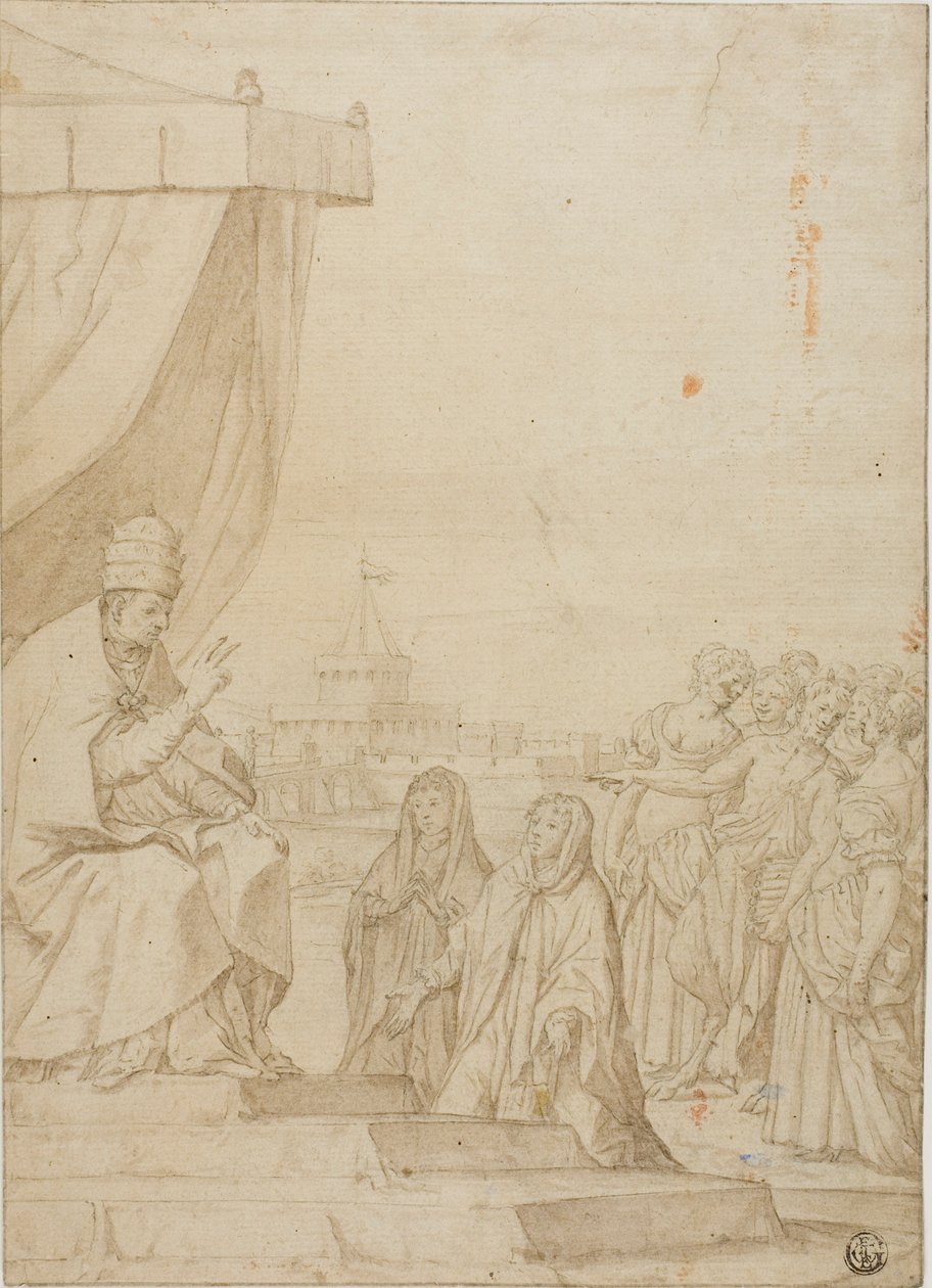El Papa bendice a dos mujeres en presencia de sátiros y mujeres reunidas con el Castillo de Sant Angelo al fondo de Federico Zuccaro