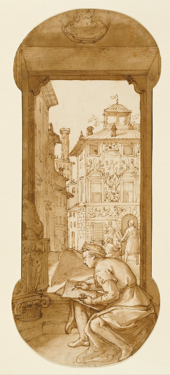 Taddeo Dibujando después del Antiguo; En el Fondo Copiando una Fachada de Polidoro de Federico Zuccaro