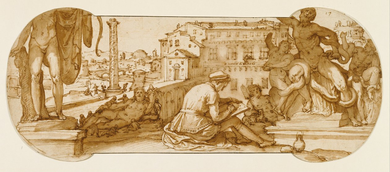 Taddeo en el Patio del Belvedere en el Vaticano, Dibujando el Laocoonte de Federico Zuccaro