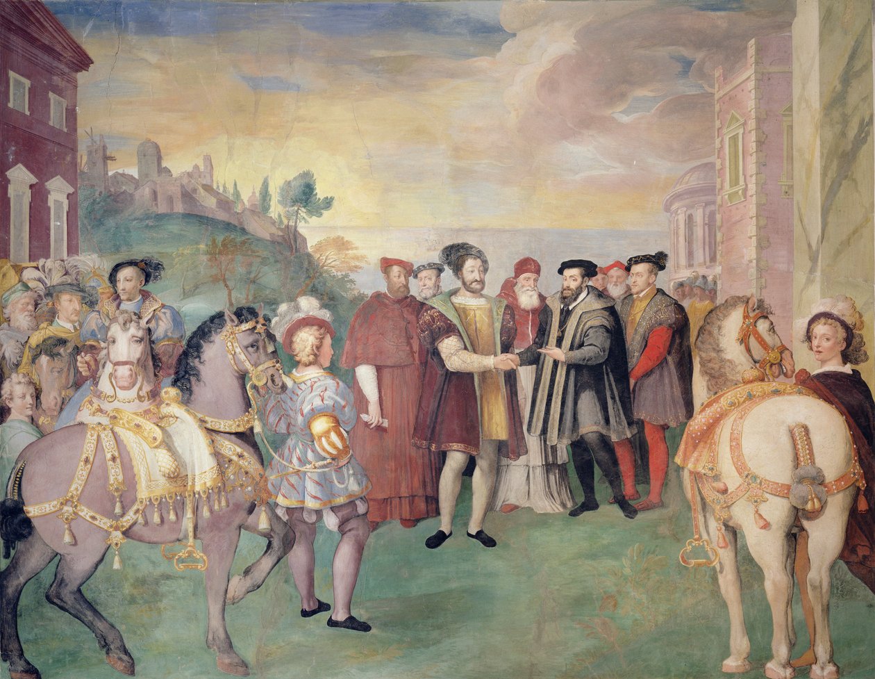 La Tregua de Niza entre Francisco I y el Emperador Carlos V en 1538, en el centro, el Papa Pablo III Farnese, elegido en 1534 de Federico Zuccaro