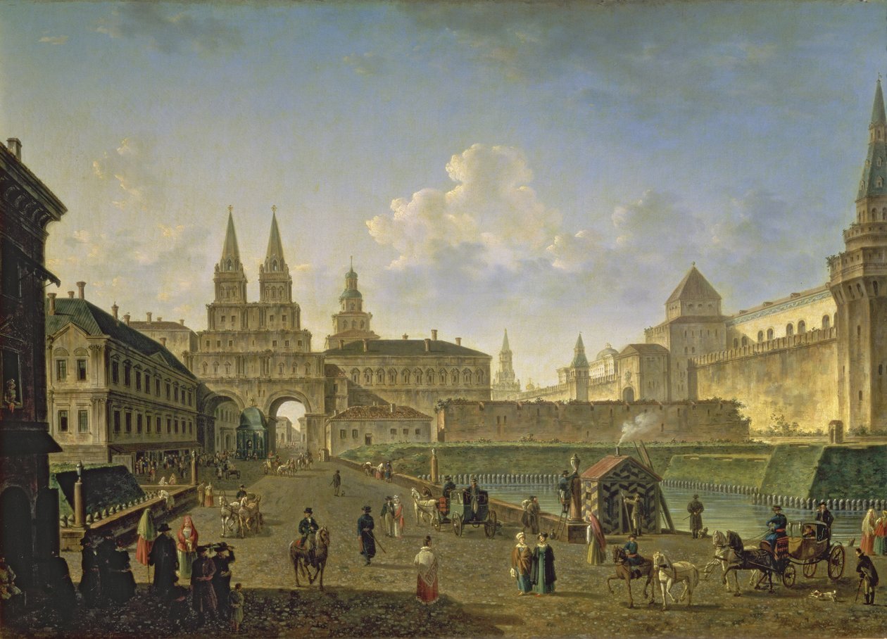Vista de las puertas Voskresensky y Nikolsky y el puente Neglinny desde la calle Tverskaya en Moscú, 1811 de Fedor Yakovlevich Alekseev