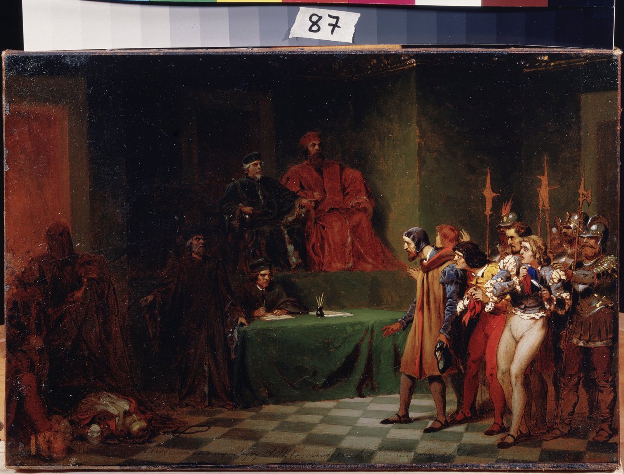 Mosaicos ante el consejo de los tres en Venecia (Italia) (Mosaicos ante el consejo de los tres en Venecia). Pintura de Feodor Andreyevich Bronnikov (1827-1902). Óleo sobre lienzo, anterior a 1886, 25,5 x 37,5 cm, arte ruso. Museo Estatal de Arte A. Radishc de Fedor Andreevich Bronnikov