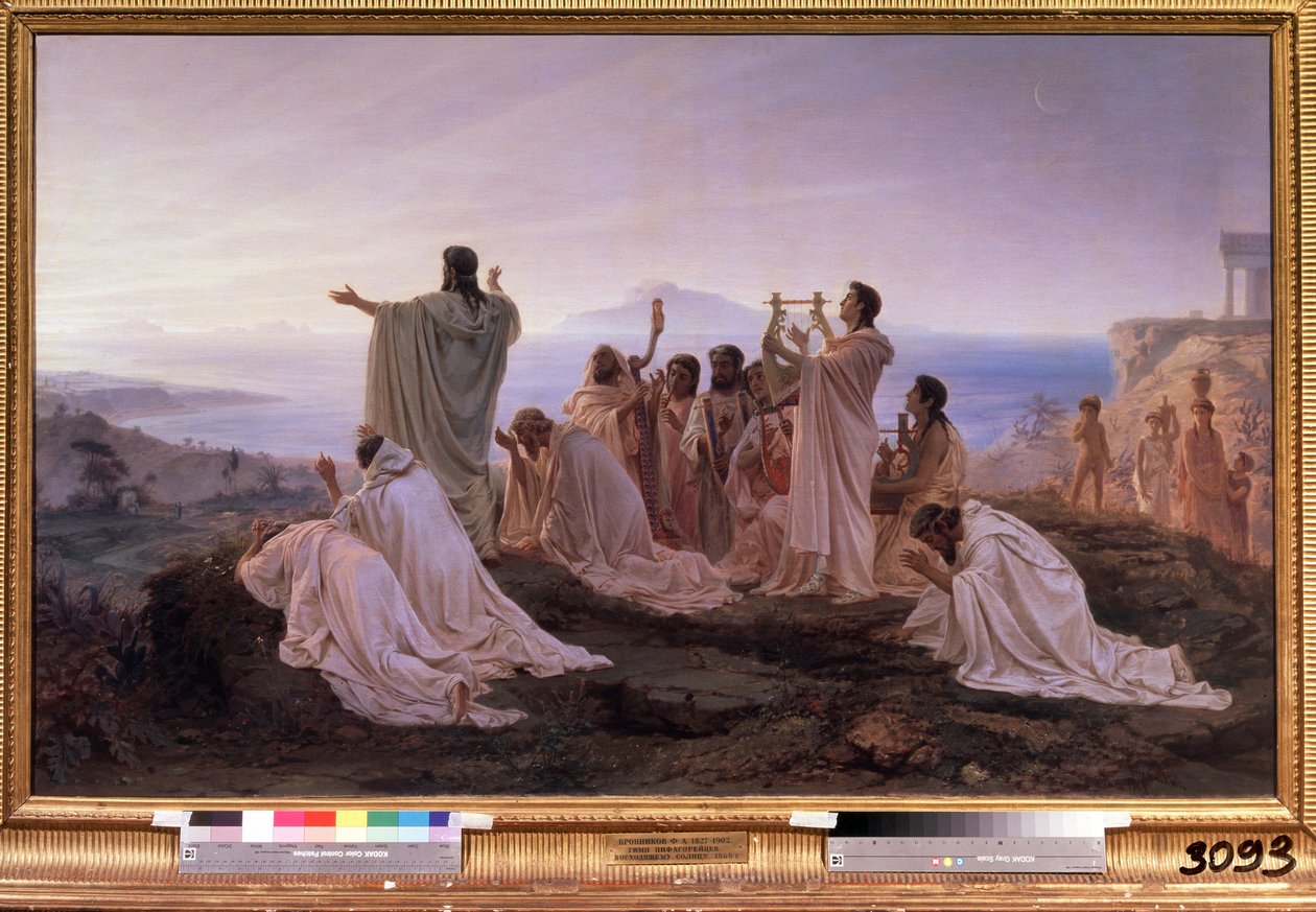 ""El Himno al Sol Naciente de Pitágoras"" Ceremonia ritual en la antigua Grecia inspirada en las teorías pitagóricas relacionadas con la música y las estrellas. Pintura de Feodor Andreyevich Bronnikov (1827-1902) 1869 Estado Galería Tretyakov de Moscú de Fedor Andreevich Bronnikov