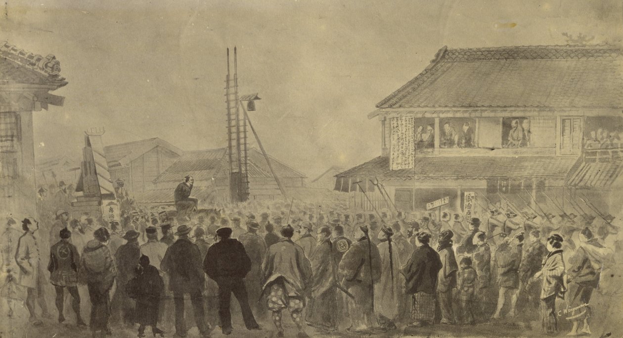 Copia fotográfica de un dibujo de Charles Wirgman de una ejecución de Felice Beato