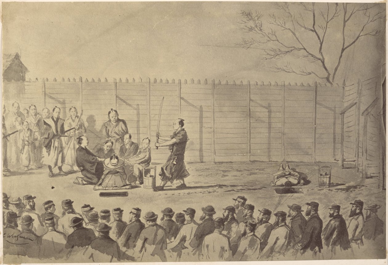 Copia Fotográfica de un Dibujo de un Hombre Japonés a Punto de Ser Decapitado por Charles Wirgman de Felice Beato