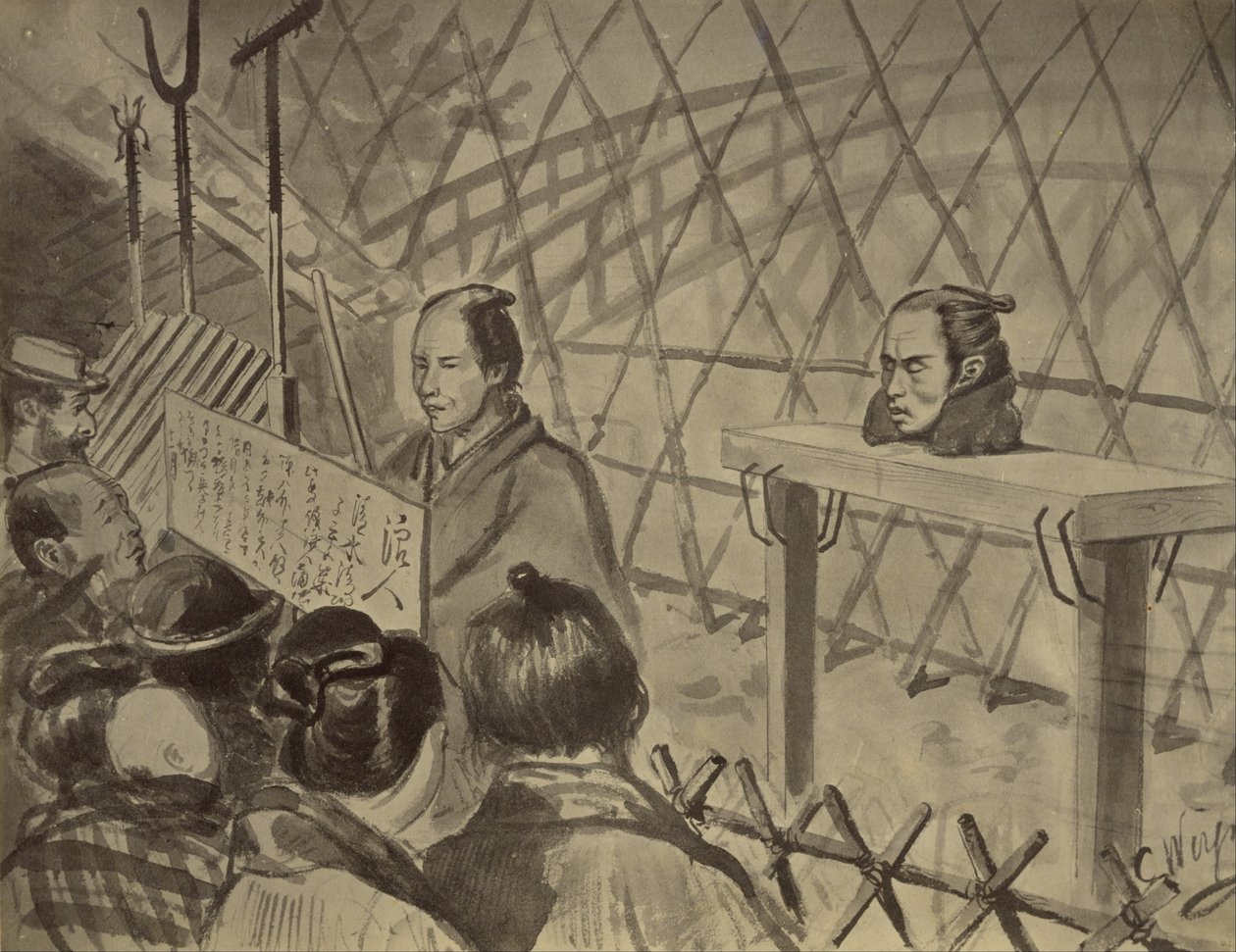 Copia Fotográfica de un Dibujo de la Cabeza en una Mesa de un Hombre Decapitado por Charles Wirgman de Felice Beato