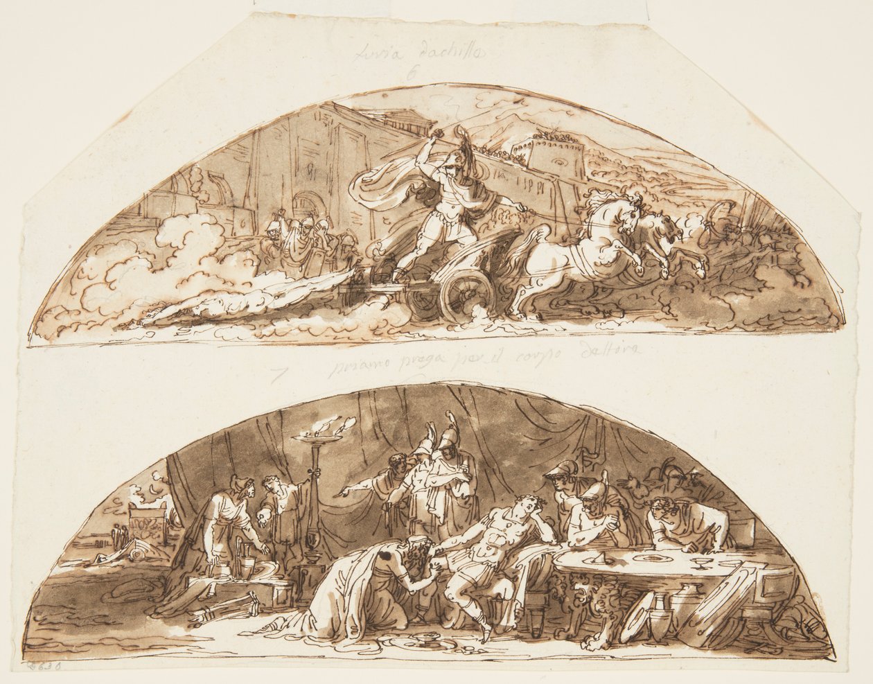 Aquiles arrastra el cuerpo de Héctor alrededor de las murallas de Troya, Príamo suplica por el cuerpo de Héctor, Diseños de techo para la Galleria di Achille, Palazzo Milzetti, Faenza, Italia de Felice Giani