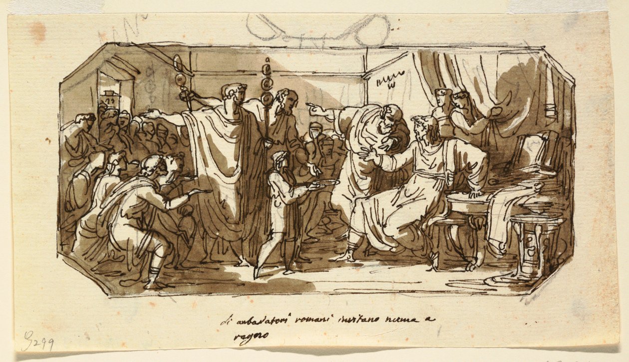 Diseño de techo: El embajador romano pide al sabino Numa Pompilio que reine sobre Roma, Sala di Numa Pompilio, Palazzo Milzetti, Faenza de Felice Giani