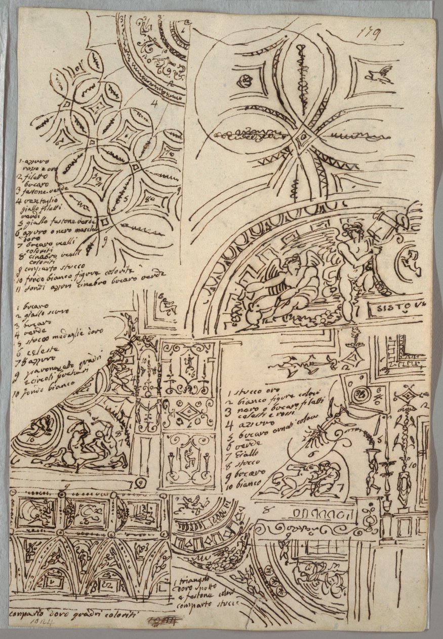 Estudios decorativos de techos con grotescos; estudios de monumento con sello papal, Sisto V de Felice Giani