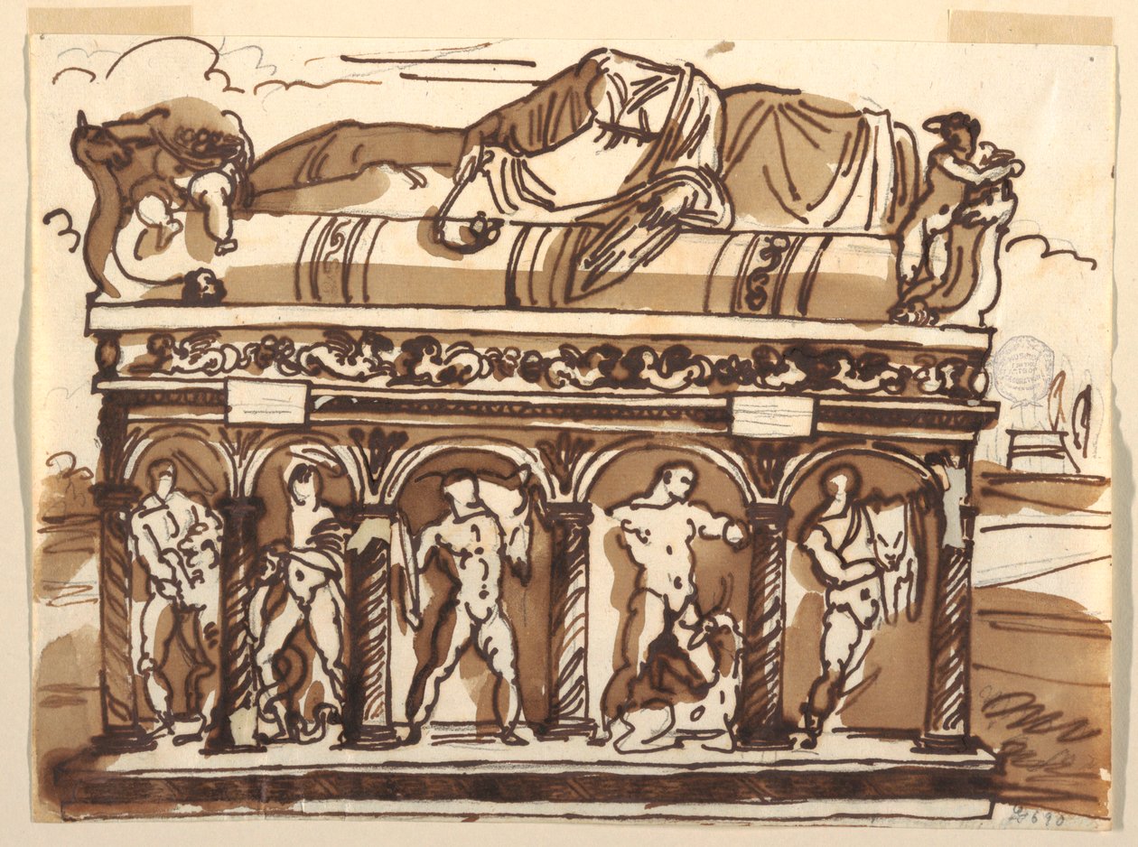 Dibujo, Un sarcófago romano en el Museo Vaticano, ca. 1820 de Felice Giani