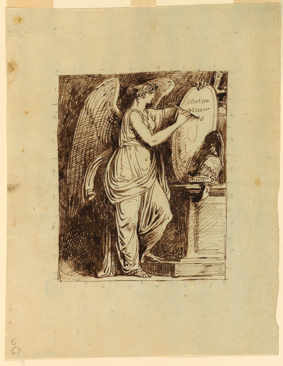 Dibujo, Una victoria alada inscribiendo la fecha 1805 en un escudo, 1805 de Felice Giani
