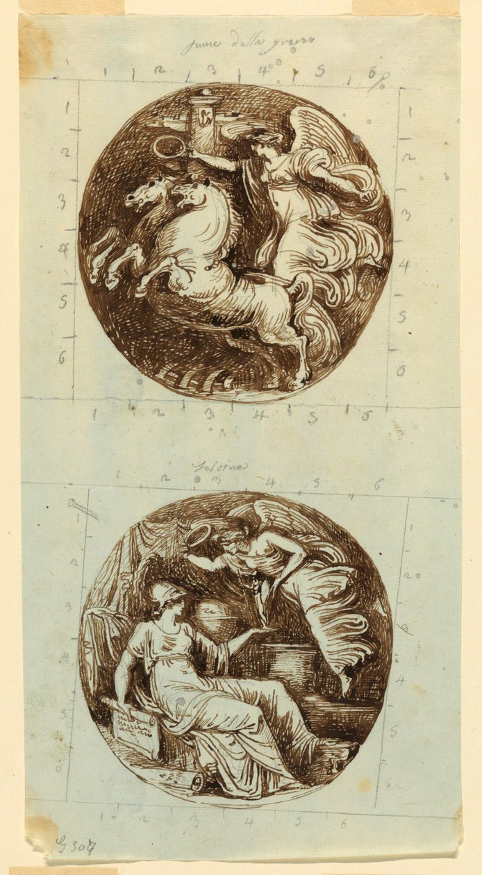 Dibujo, Victoria alada montada en carro; Victoria alada coronando a Minerva; dos medallones, hacia 1805 de Felice Giani