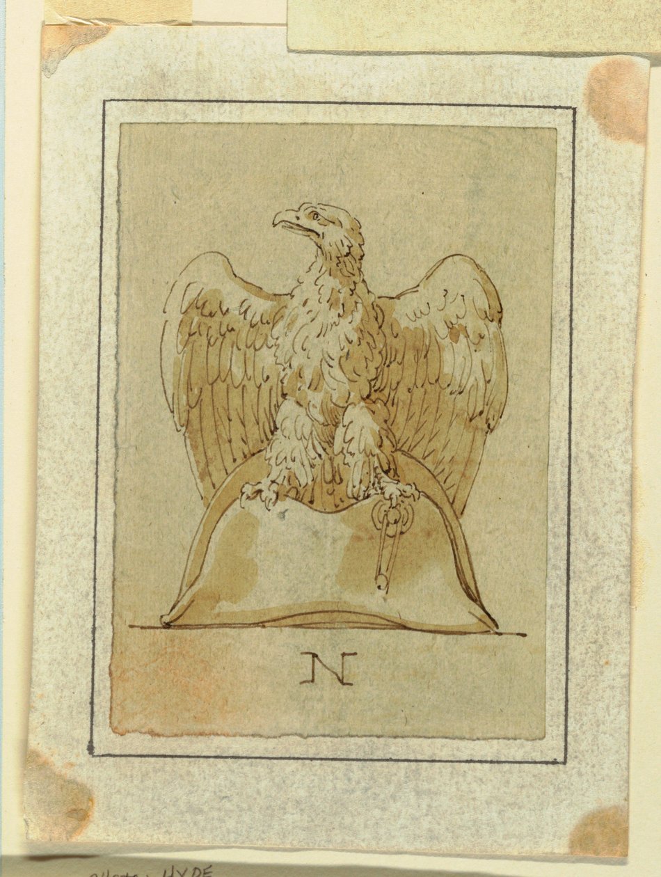 Dibujo, Proyecto: Águila desplegada, con las alas invertidas, de pie sobre un sombrero bicorne francés, ca. 1800 de Felice Giani