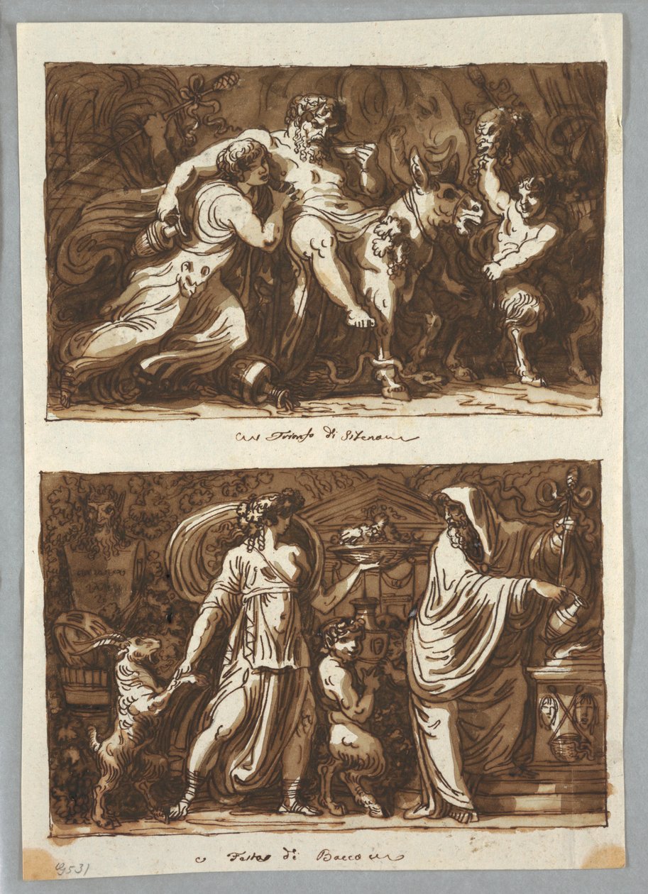 Dibujo, Hoja de un cuaderno de bocetos:  El triunfo de Sileno; Sacrificio a Baco, 1800-1810 de Felice Giani