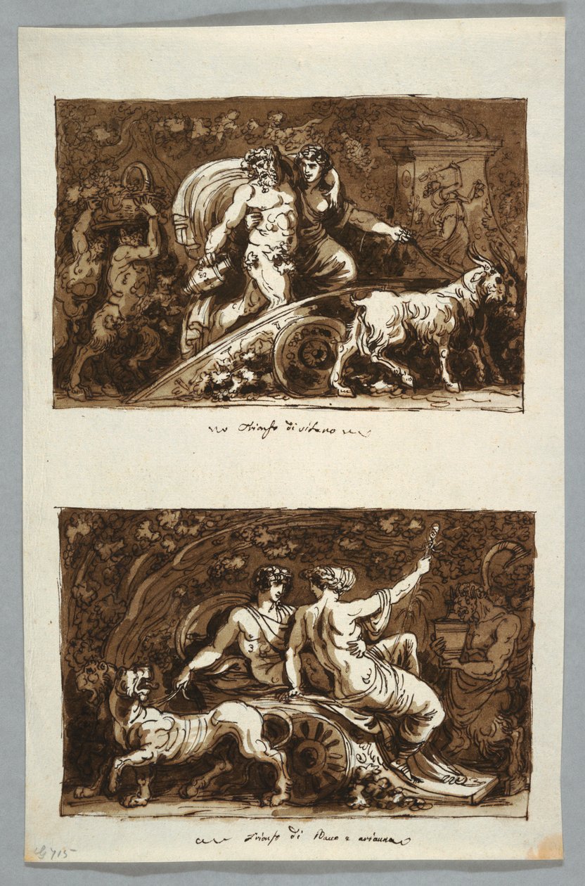 Dibujo, Hoja de un cuaderno de bocetos: Triunfo de Sileno y Triunfo de Baco y Ariadna, 1800-1802 de Felice Giani