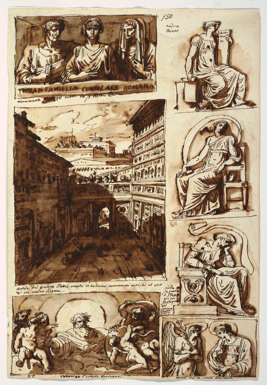 Dibujo, Varias obras de arte.  El patio del Palacio Mattei en Roma, 1812-14 de Felice Giani