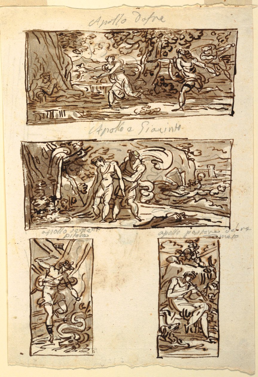 Cuatro dibujos del mito de Apolo; Decoración de una pared sobre una chimenea, Sala de Apolo, Palazzo Cavina, Faenza de Felice Giani
