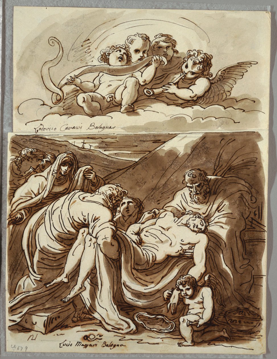 Cuatro putti haciendo música, estudio después de Lodovico Carracci; Cristo, estudio después de Massari de Felice Giani