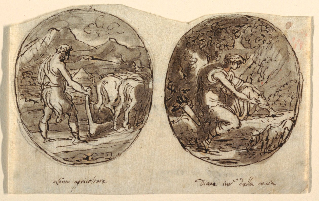 El hombre agricultor, Diana la diosa de la caza, Diseño para el techo abovedado, Sala dei Legislatori, Palazzo Conti-Sinibaldi, Faenza de Felice Giani