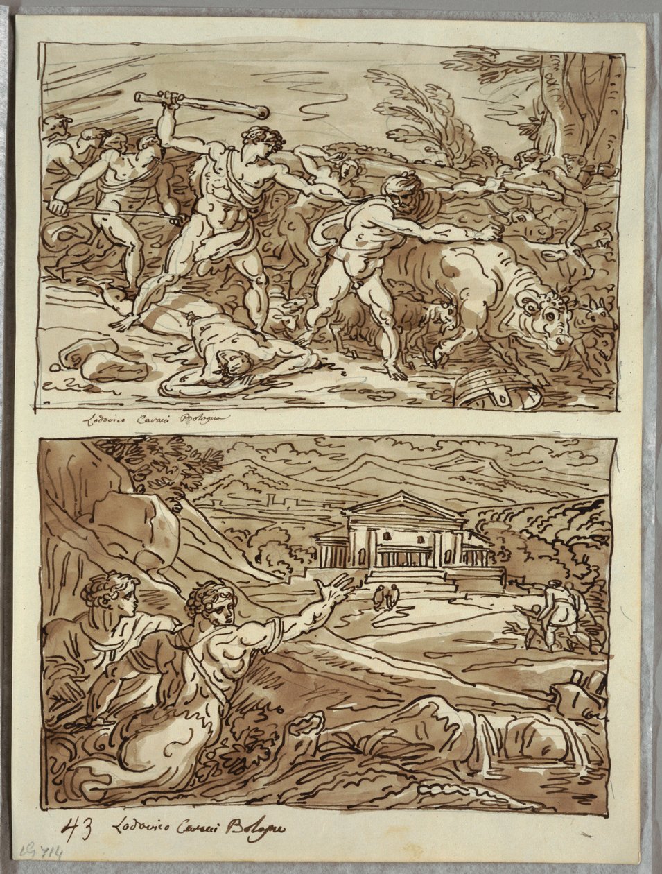 Remo ahuyenta y mata a los ladrones de los rebaños; Santuario para los fugitivos en el Campidoglio, dos estudios después de Carracci de Felice Giani