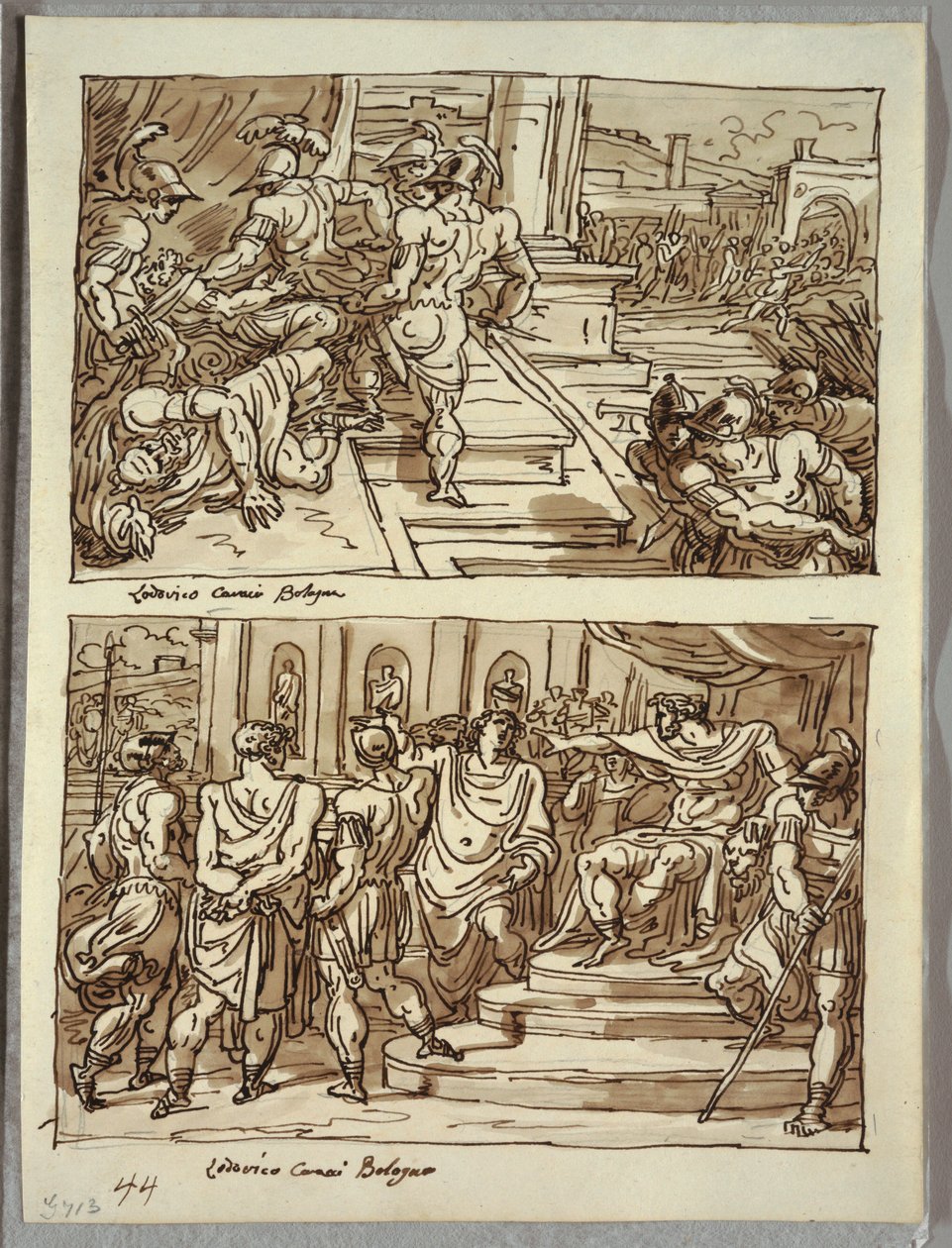Remo Mata al Rey Amulio; Remo Conducido en Cadenas ante el Rey Amulio; Dos Estudios Después de Carracci de Felice Giani