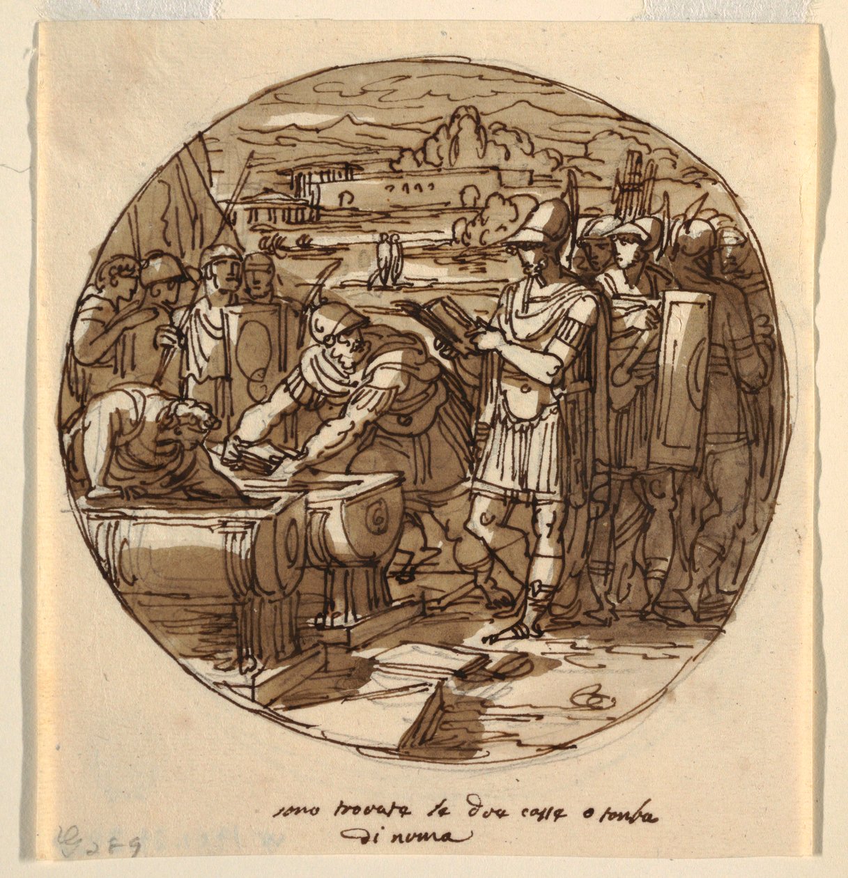 Recuperación de libros de la tumba de Numa, Sala de Numa Pompilio, Palazzo Milzetti, Faenza de Felice Giani