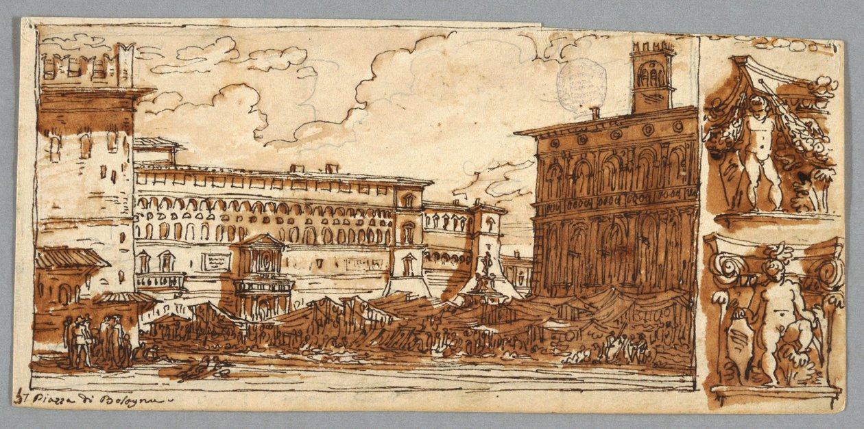 Página de cuaderno de bocetos, Folio 57: Estudio después de Piazza Emmanuelle en Bolonia; Verso, Detalle arquitectónico de Felice Giani