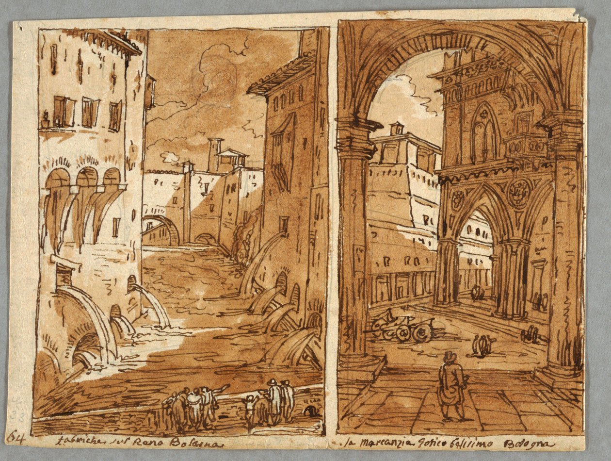 Página de cuaderno de bocetos, Folio 64: Estudio de Arquitectura y Escultura Boloñesa; Verso: Diseños geométricos de Felice Giani