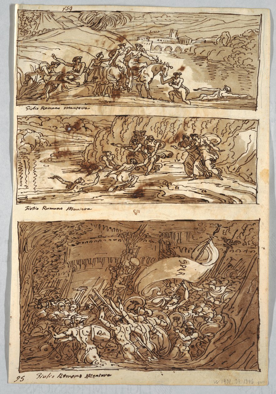 Página de cuaderno de bocetos, Folio 95: Tres pinturas después de Giulio Romano; Verso: León y Águila de Felice Giani