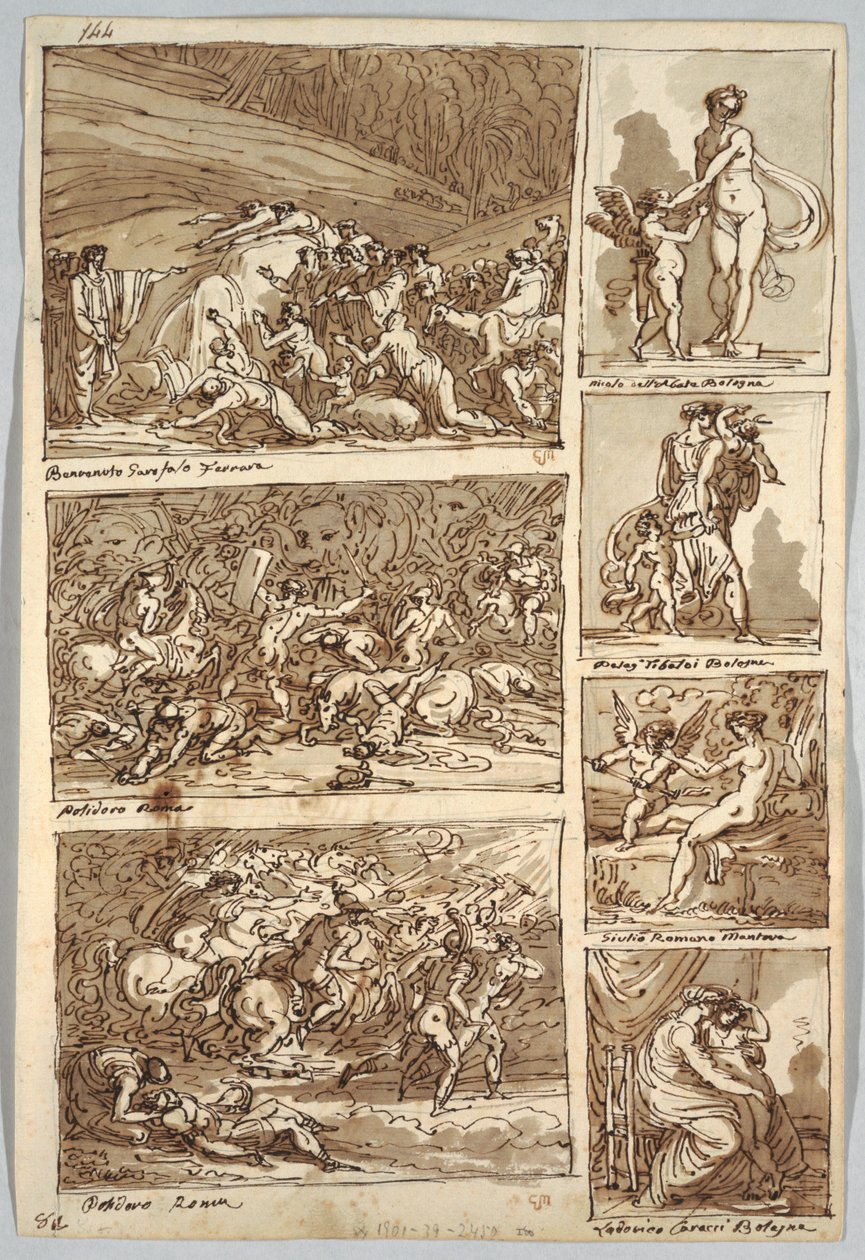 Página de cuaderno de bocetos: estudios de pinturas en Ferrara, Roma, Bolonia, Mantua después de los artistas Tibaldi, Rafael, Andrea del Sarto y Polidoro; Verso: esqueleto de pájaro y cabeza de caballo de Felice Giani