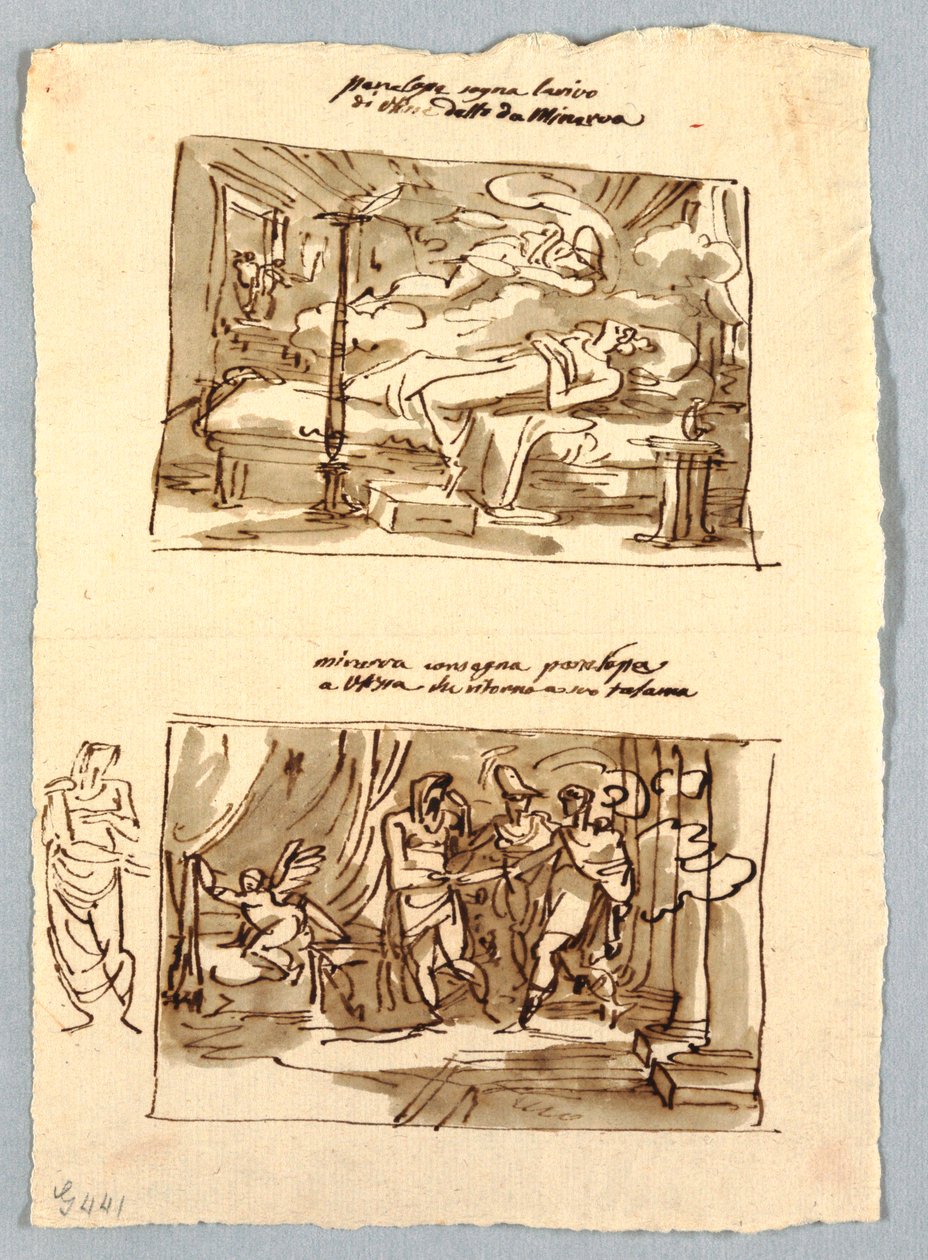 Página de cuaderno de bocetos con escenas clásicas de Felice Giani