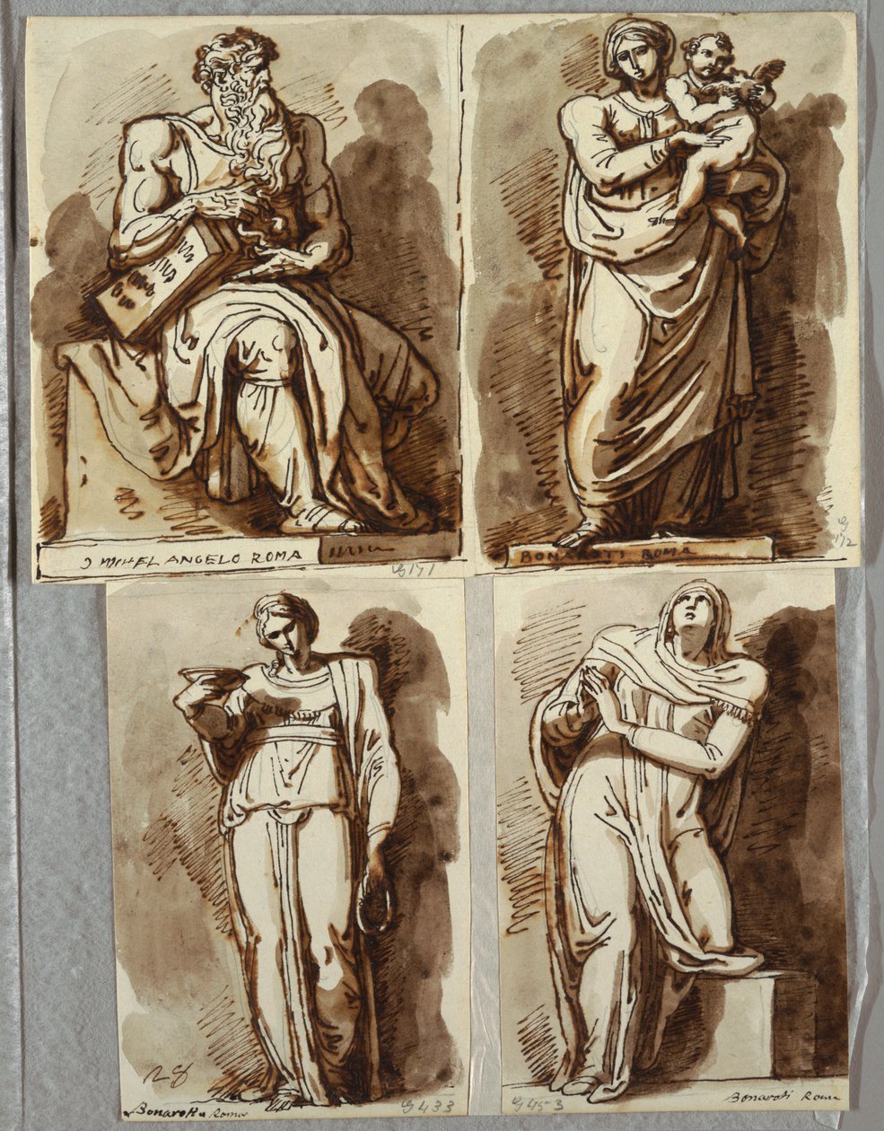 Estudios de cuatro estatuas en la tumba de Julio II, después de Miguel Ángel: Moisés; Madonna y el Niño; Lea, Virtud; Raquel, Religión de Felice Giani