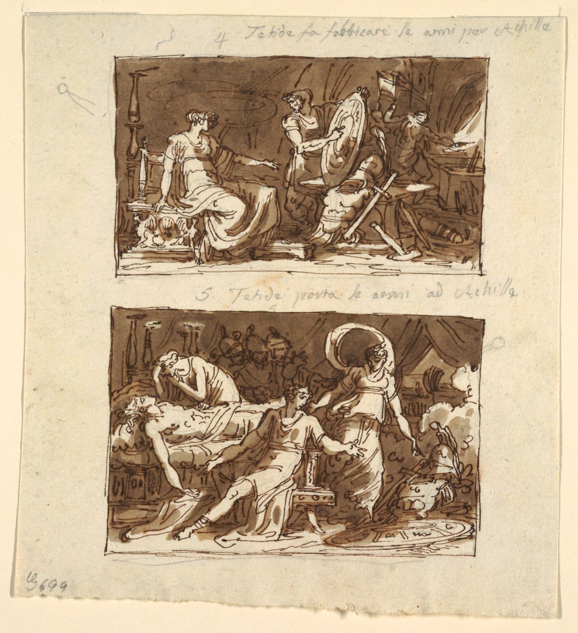 Tetis en el taller de Hefesto; Tetis mostrando la armadura a Aquiles: Dos diseños para paneles de techo en la Galería de la Ilíada, Palazzo Milzetti, Faenza de Felice Giani