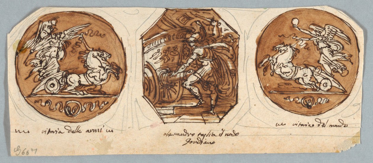 Dos pinturas circulares y octagonales para techo: Hazañas de Alejandro Magno de Felice Giani