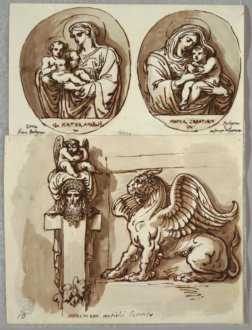 Dos dibujos de la Madonna y el Niño en óvalos, estudios después de Giambologna y Alfonzo da Ferrero; Herm y Quimera, después de Antiguo de Felice Giani